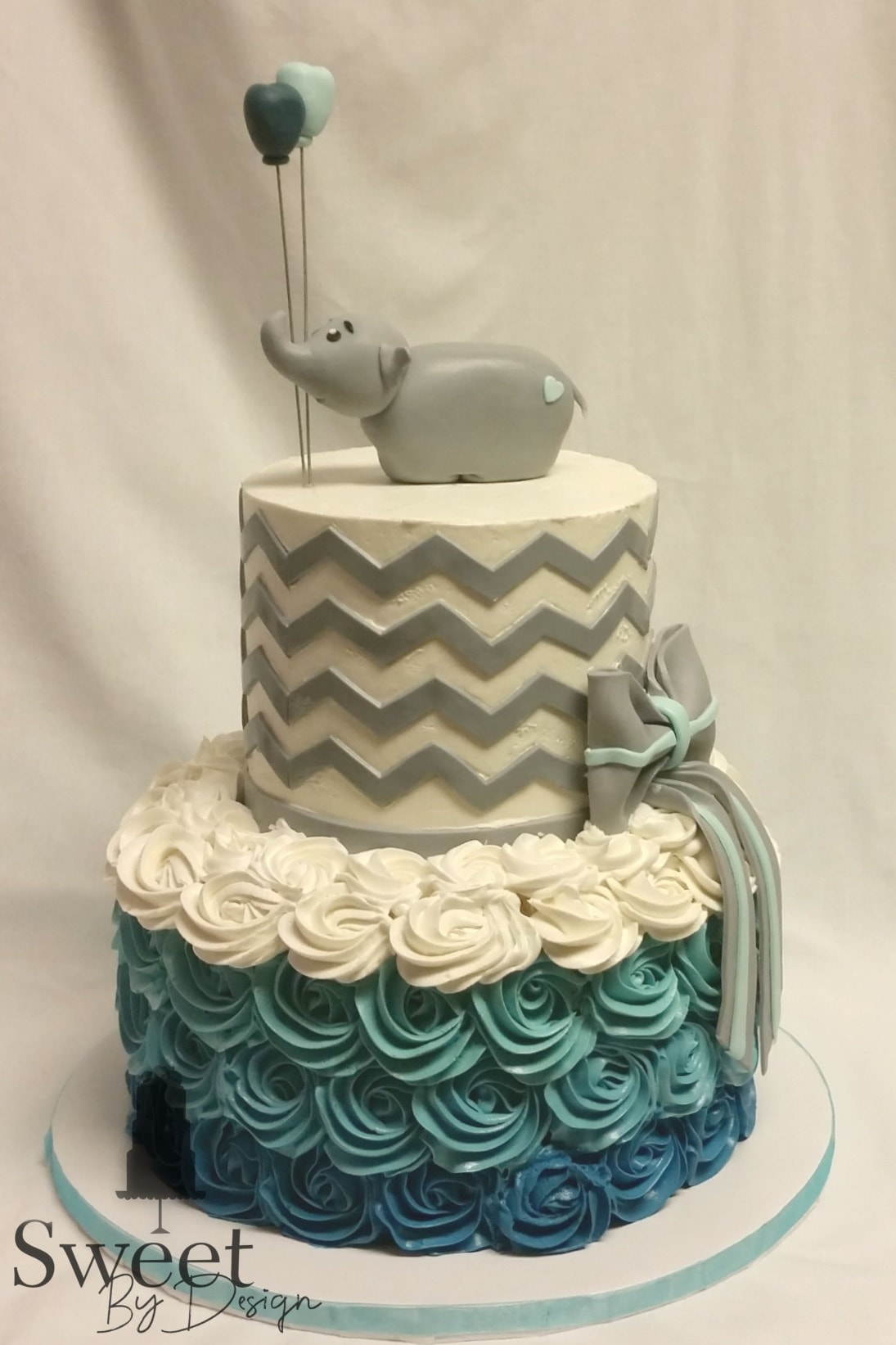 Elephant and balloon baby shower cake by Sweet By Design