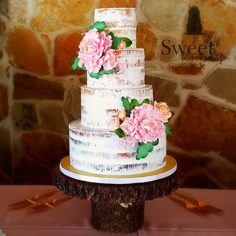 Naked wedding cake with fondant flowers by Sweet By Design