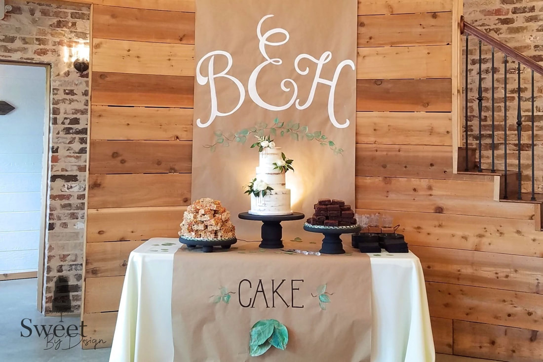 Wedding cake brownies and cereal treat dessert table