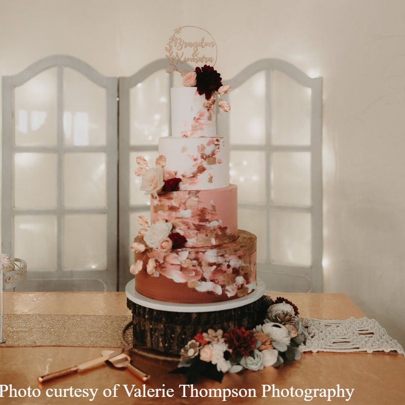 Modern burgundy blush and rose gold wedding cake by Sweet By Designcake