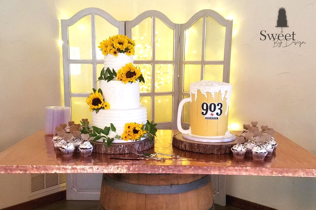 Buttercream texture monogram and sunflower wedding cake and beer mug groom's cake by Sweet By Design