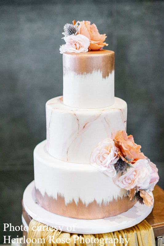 Pink marble and rose gold wedding cake by Sweet By Design