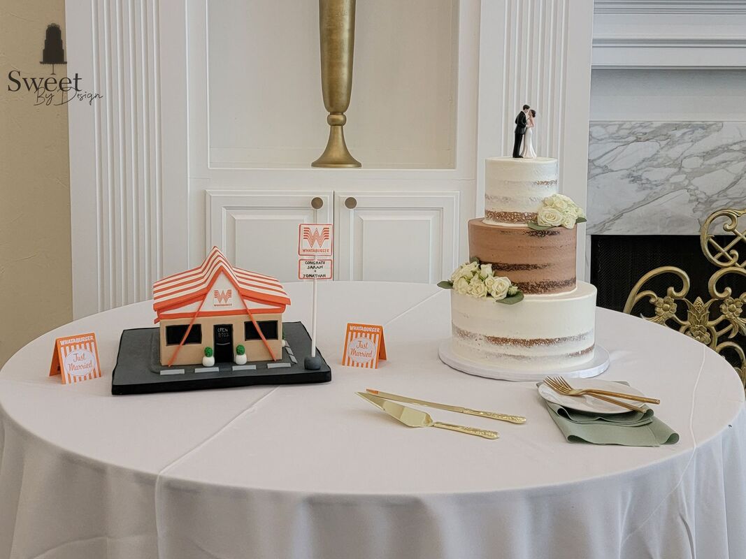 Whataburger groom's cake and naked wedding cake