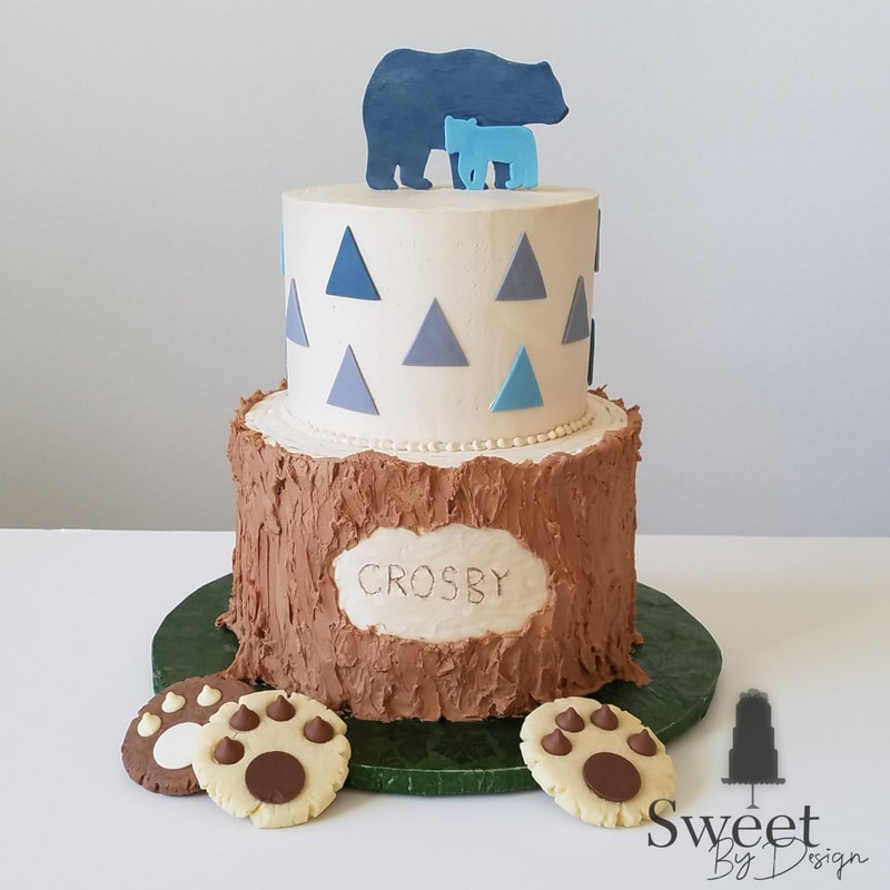 Woodland bear baby shower cake by Sweet By Design